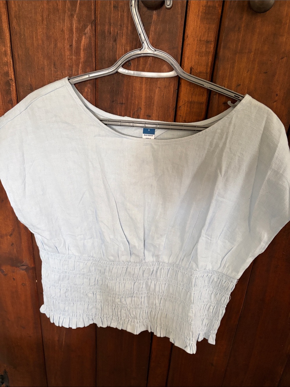 Old Navy Pale Blue Linen Smocked-Waist Crop Top